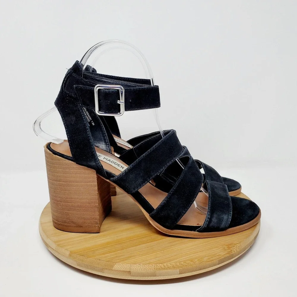 Steve Madden Sandals Womens 7.5 Black Velvet‎ Straps Fishtail Block Heel Shoes